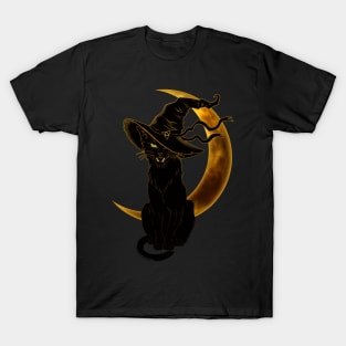 Black Cat with Witch Hat and Crescent Moon T-Shirt